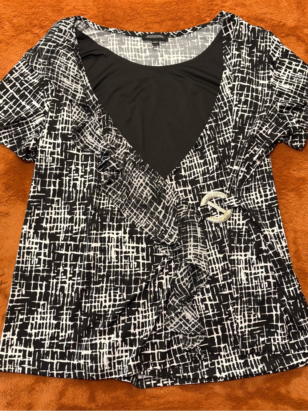 Notations Black & White Ruffle V-Neck Top with Buckle